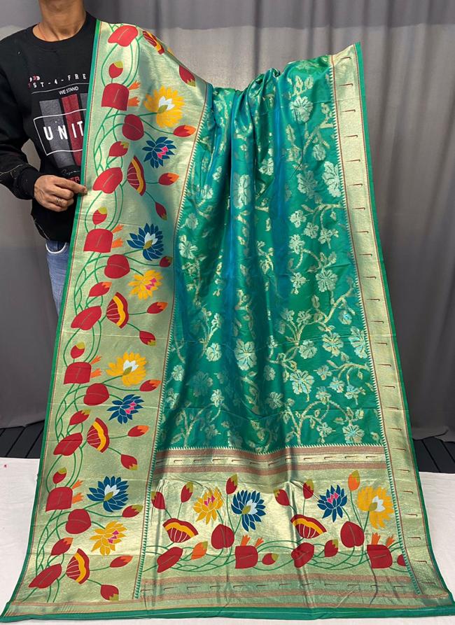 Pure Silk Teal Traditional Wear Paithani Saree